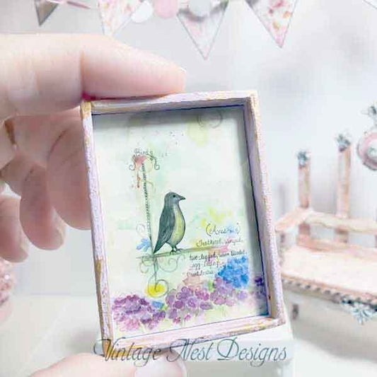 Birds Feathered No.1:1 Dollhouse Miniature Handmade Wooden Framed Art image 1