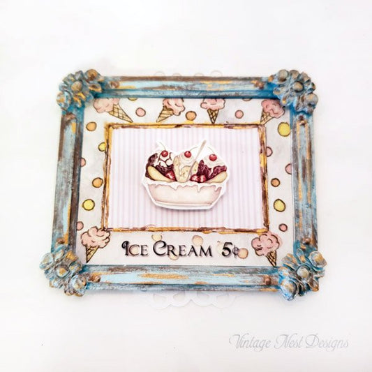 Banana Split Sundae No.1:4 Dollhouse Miniature Handmade Wooden Framed Art image 1