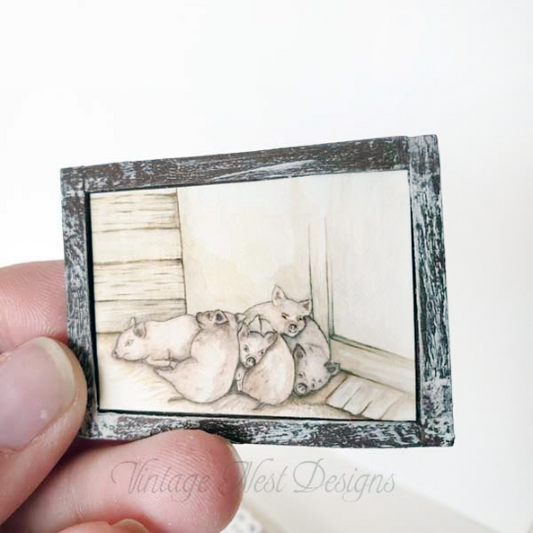 Piglets No.1:2 Dollhouse Miniature Handmade Wooden Framed Art image 1