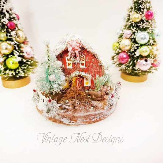 Christmas Putz Glitter Holiday Barn No.3 Handmade Miniature image 1