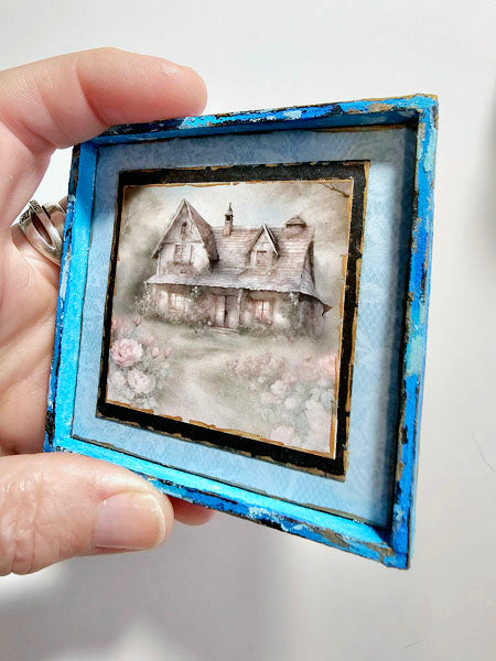Miniature Cottage Farmhouse No.9-2 Blue Wood Frame Dollhouse Home Wall Decor Diorama Shadow Box 1:12 Scale