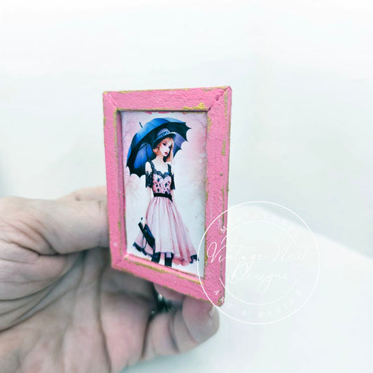 Miniature Vintage Doll No.2:1 Art Pink Wooden Frame 1:12 Scale Dollhouse Decor