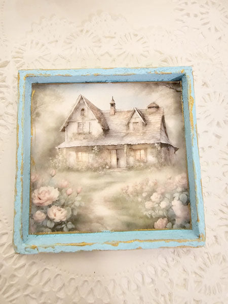Miniature Cottage Farmhouse No.9-3 Blue Wood Frame Dollhouse Home Wall Decor Diorama Shadow Box 1:12 Scale