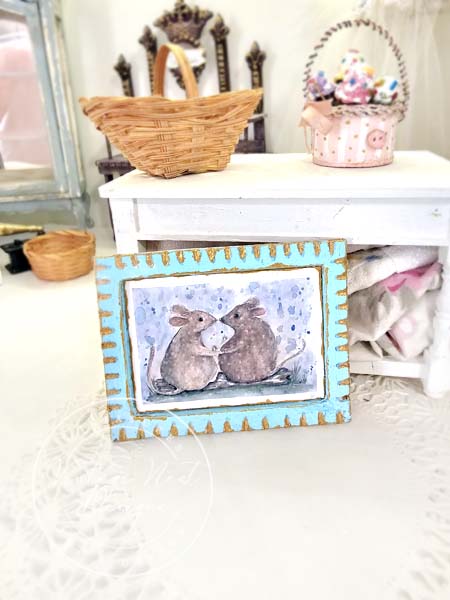 Miniature Mice No.9-3 Blue Wood Frame Dollhouse Home Decor Diorama Shadow Box 1:12 Scale