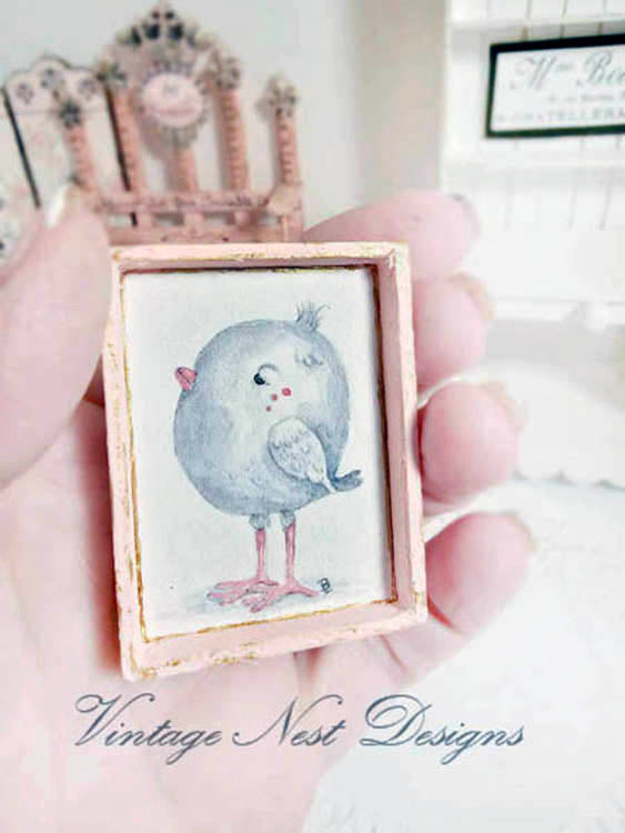 Miniatur rosa Tweet Nr. 1:3 Holzrahmen Puppenhaus Wanddekoration Diorama Schattenbox