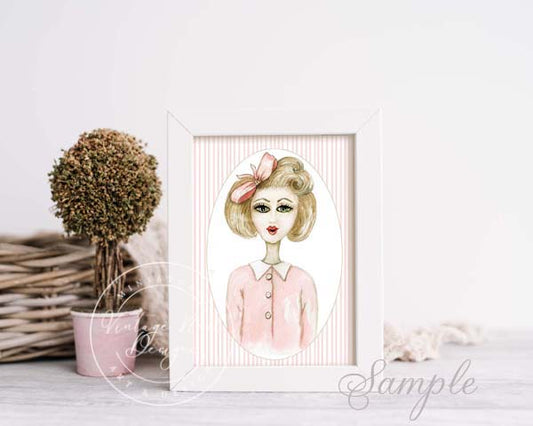 Digital Print 1950's Gal No.1 Pink Striped Watercolor Instant Download