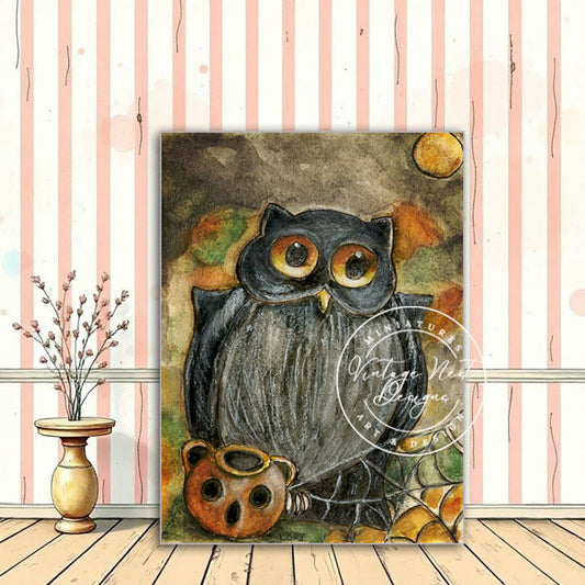 Digital Print Halloween Owl No.4 ACEO Watercolor Instant Download