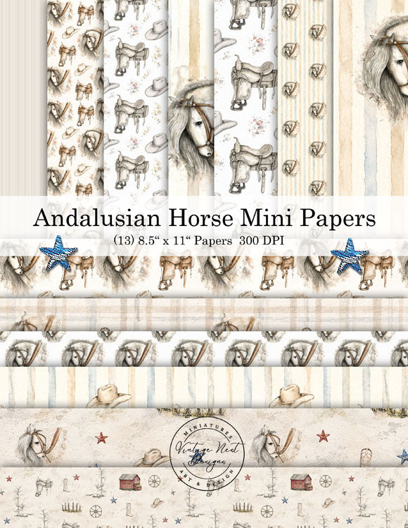 Dollhouse or Greetings Wallpaper Andalusian Horse Mini Paper Pack No.1 Digital Instant Download Printable
