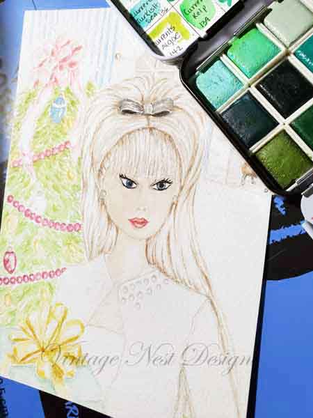Weihnachts-Barbie Nr. 11 Digitaldruck Aquarellmalerei