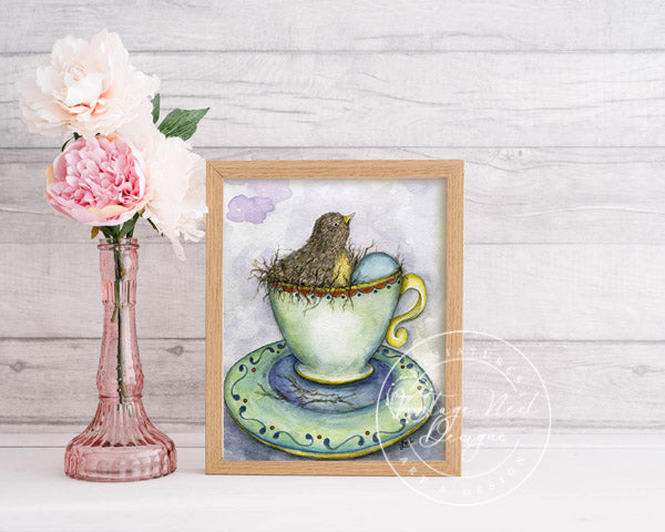 Digitale Drucke Vogelnest in Teetasse Nr.1 Aquarellmalerei Sofortiger Download