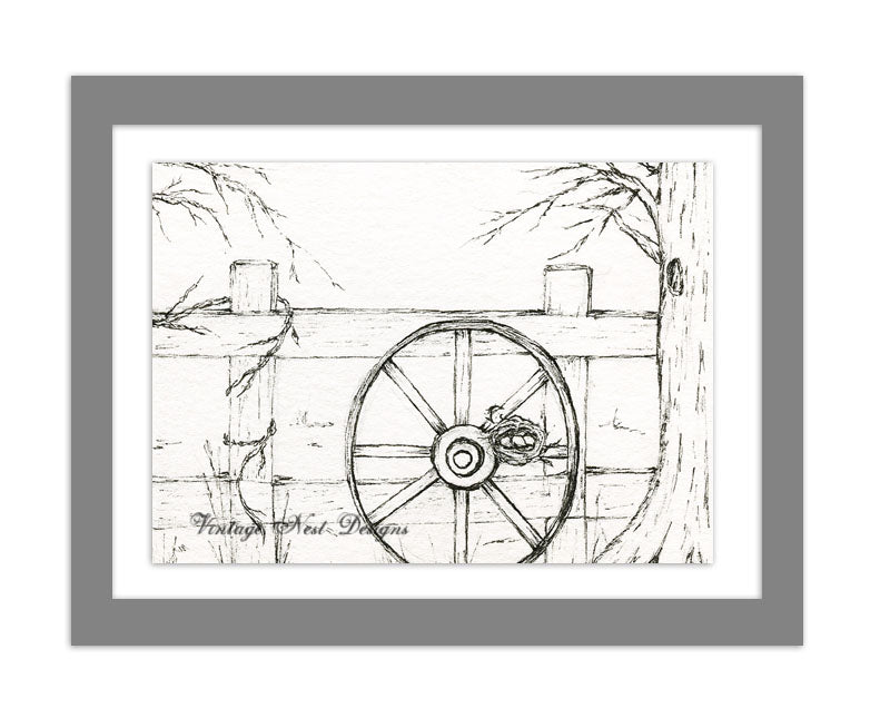 Digitaler Kunstdruck Vogelnester Kutschenrad Nr.1 Feder & Tinte Sofortdownload