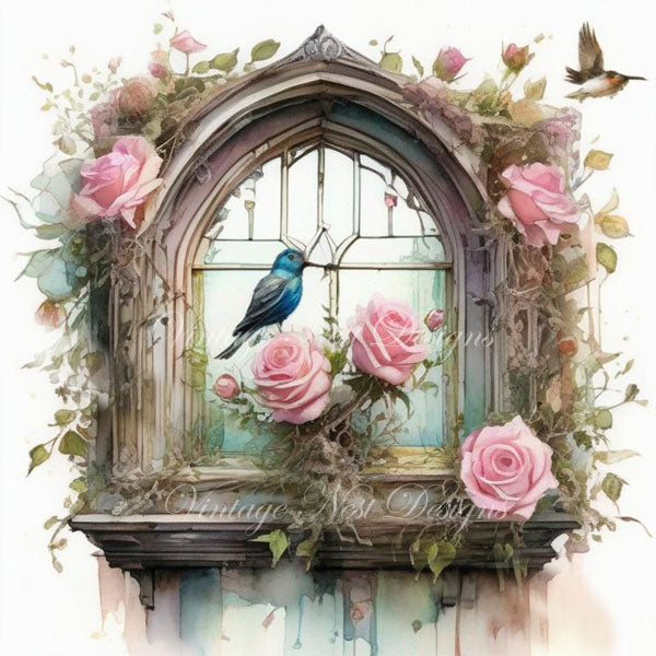 Digital Print Bird Nest Window No.1 Illustration Instant Download
