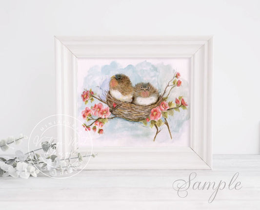 Digital Print Bird Nest Roses No.5 Watercolor Instant Download