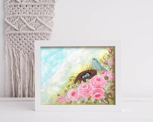 Digital Print Bird Nest Roses No.1 Acrylic Painting Instant Download