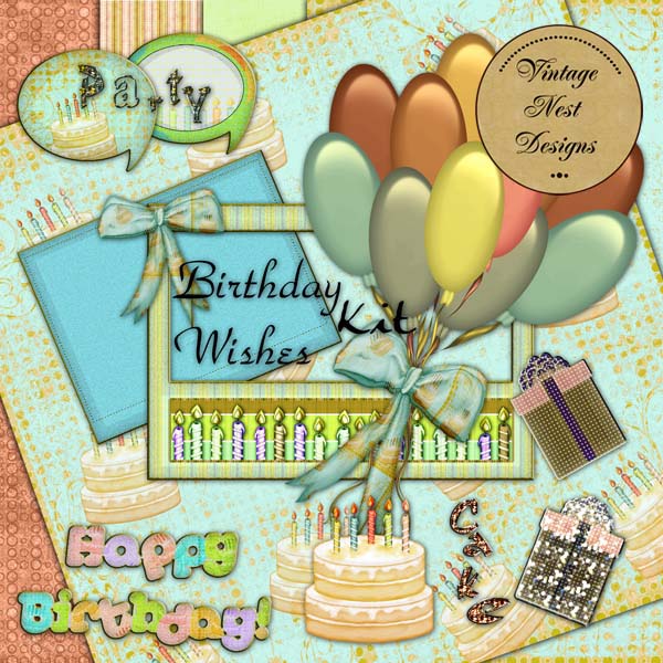 Birthday Wishes Kit Digital Prints Scrapbooking Illustration