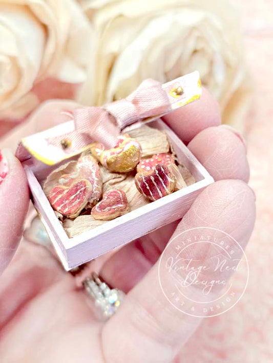 Miniature Box of Valentine Cookies No.1 Pink Wood Diorama Shadow Box