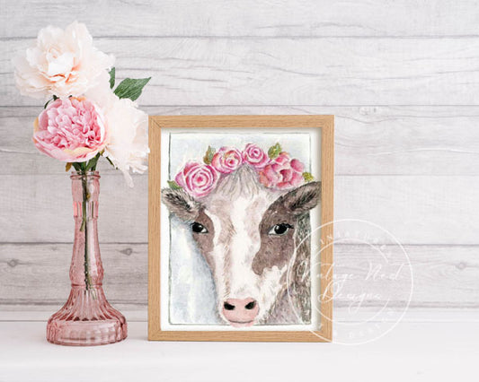 Digital Print Cow with Roses No.1 ACEO Watercolor Painting Instant Download