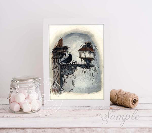 Digitaldruck Krähenlaterne Nr. 1 ACEO Aquarellmalerei Sofort-Download