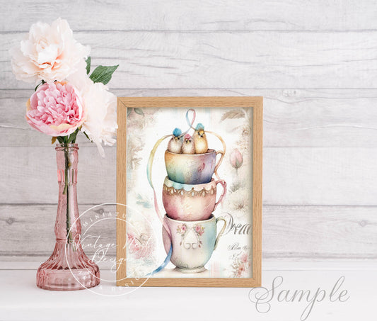 Digital Print Cup of Birds No.1 Greetings Instant Download