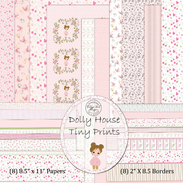 Collection of Dolly House Tiny Prints paper pack with various patterns on a pink background.