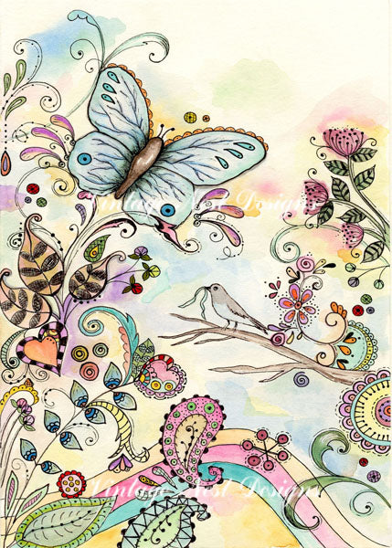Doodles & Butterflies No.1 Digital Print Watercolor Painting