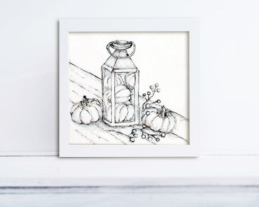 Digital Print Fall Lantern Pumpkin Scene No.1 Pencil Drawing