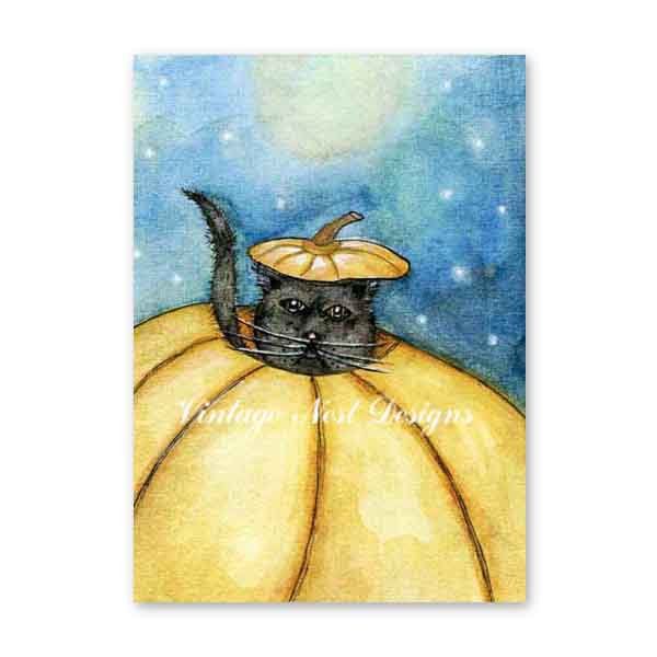Digital Print Pumpkin Kitty No.1 ACEO Watercolor Painting Instant Download
