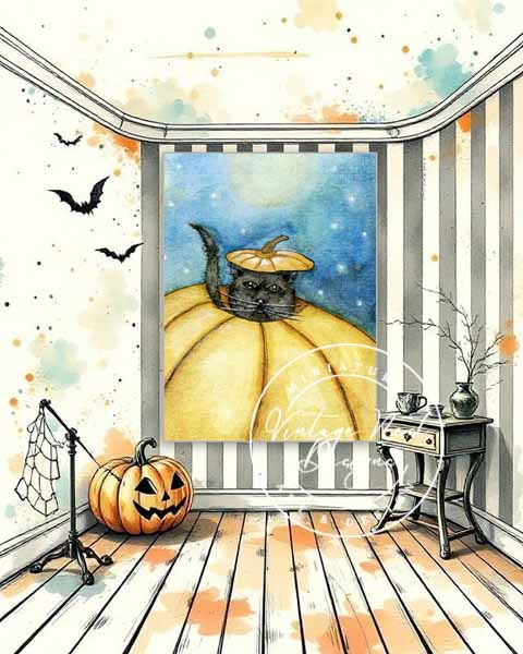 Digital Print Pumpkin Kitty No.1 ACEO Watercolor Painting Instant Download