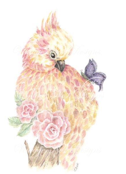 Digitaldruck Rosa Papagei und Schmetterling Aquarellmalerei Sofort-Download