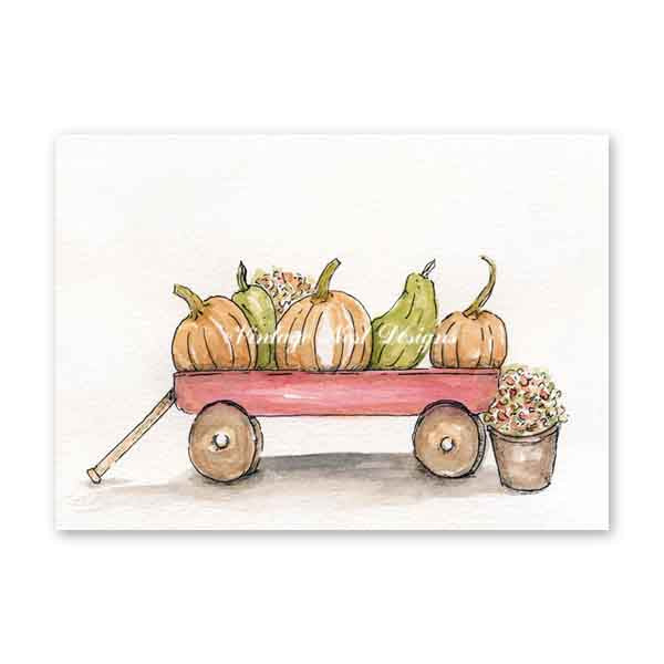 Digital Prints Red Wagon & Pumpkins No.1 Watercolor Painting Instant Download