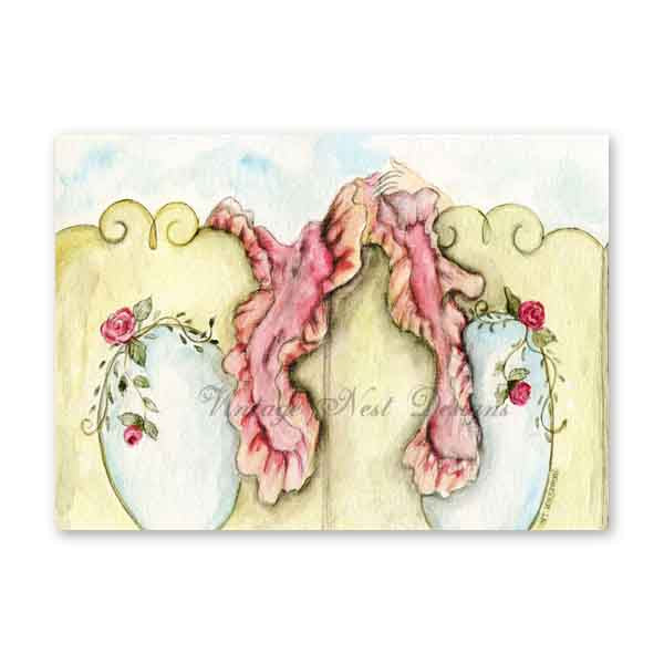 A watercolor-style art print depicting a pink ruffled ribbon or scarf draped over two pale blue oval forms with pink roses, set against a cream background with a light blue sky at the top.