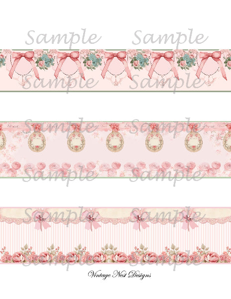 Decorative ribbons with floral and bow designs on a pink background, labeled 'Vintage Nest Designs'.