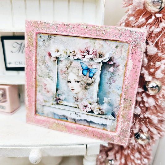 Miniature Victorian Woman No.3-1 Pink Wood Frame Dollhouse Wall Decor 1:12 Scale