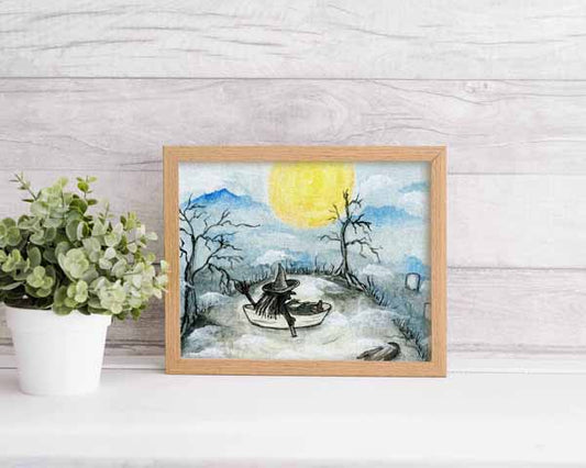 Digital Print The Witch in the Boat No.1 ACEO Watercolor Instant Download