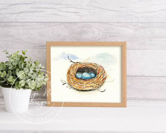 Bird Nest Blue Eggs No.1 Digital Prints Watercolor Painting image 1