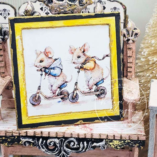 Nursery Mice No.1:2 Dollhouse Miniature Handmade Wooden Framed Art image 1