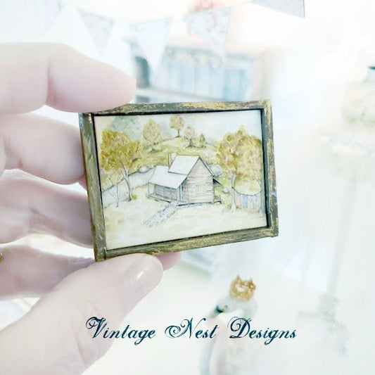 Cabin in the Woods No.1:1 Dollhouse Miniature Handmade Wooden Framed Art image 1