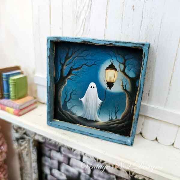 Ghost Lantern No.1:1 Dollhouse Miniature Handmade Wooden Framed Art image 4
