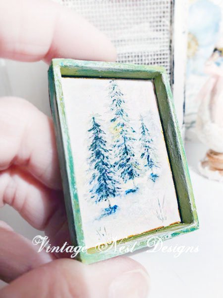Winter Pines No.1:3 Dollhouse Miniature Handmade Wooden Framed Art image 2