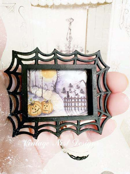 Pumpkins in the Woods No.1:1 Dollhouse Miniature Handmade Wooden Framed Art image 2