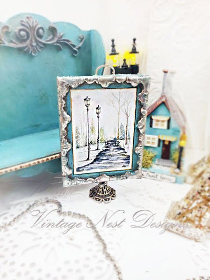Walk in the Park No.1 Dollhouse Miniature Handmade Metal & Wood Framed Art image 2