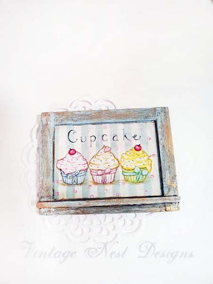 Three Cupcakes No.4:2 Dollhouse Miniature Handmade Wooden Framed Art image 3
