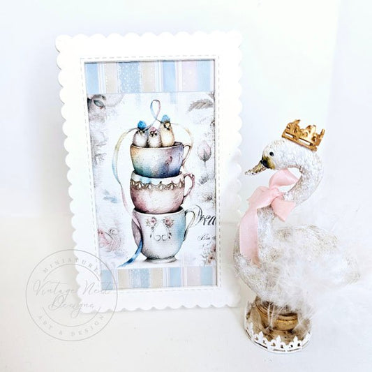 Cup of Birds No.1:1 Dollhouse Miniature Handmade Framed Art image 0