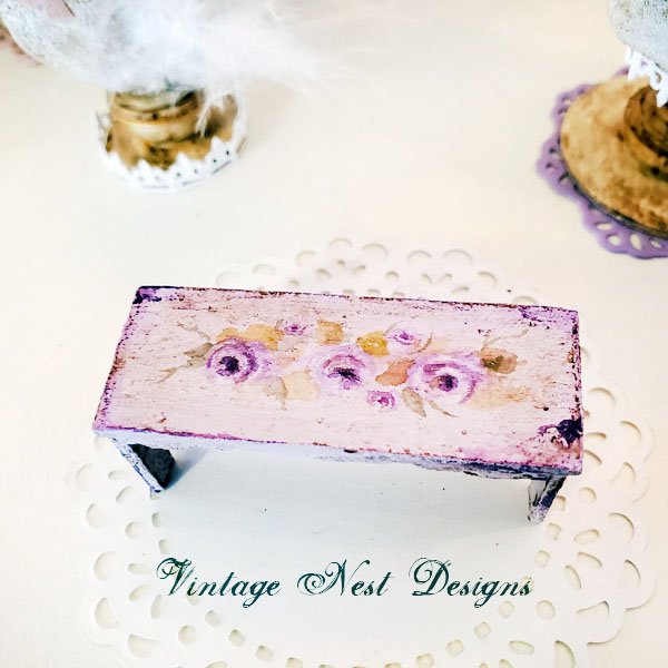 Lavender & Roses Bench No.13 Dollhouse Miniature Handmade image 0