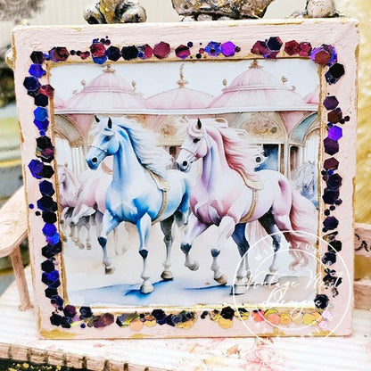 Carousel Horses No.1:1 Dollhouse Miniature Handmade Wooden Framed Art image 7
