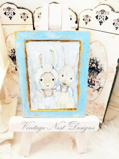 Sweet Rabbits No.1:1 Handmade Dollhouse Miniature Wooden Framed Art image 1