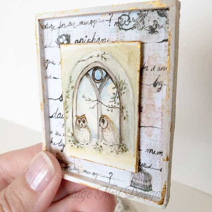 Two Owls in a Window No.2:2 Dollhouse Miniature Handmade Wooden Framed Art image 2