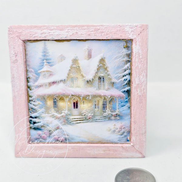Christmas Cottage No.1:1 Dollhouse Miniature Handmade Wooden Framed Art image 1