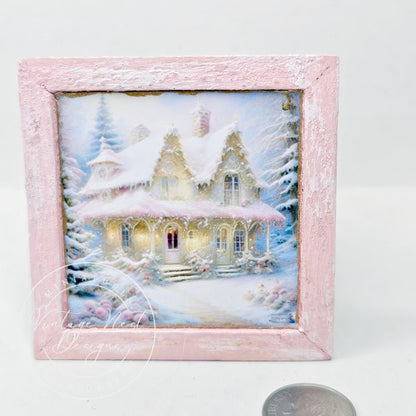 Christmas Cottage No.1:1 Dollhouse Miniature Handmade Wooden Framed Art image 1