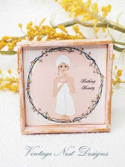 Bathing Beauty No.1:1 Dollhouse Miniature Handmade Wooden Framed Art image 0